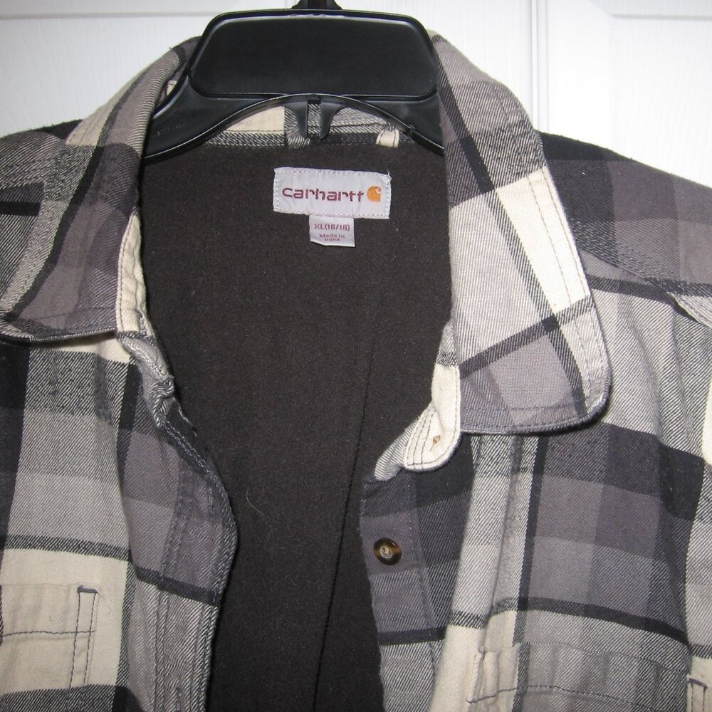 Carhartt Fleece Lined Flannel Shirt Jacket Women's XL Black Beige Plaid 2019 - Picture 2 of 7